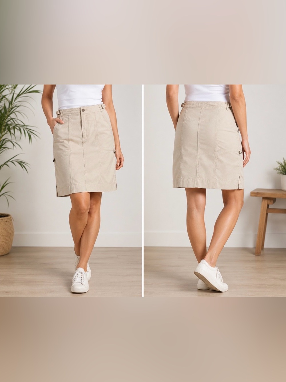 Women’s Beige Utility Cargo Skirt Sz 10  D-Ring Side Slits Outdoor Casual Cotton